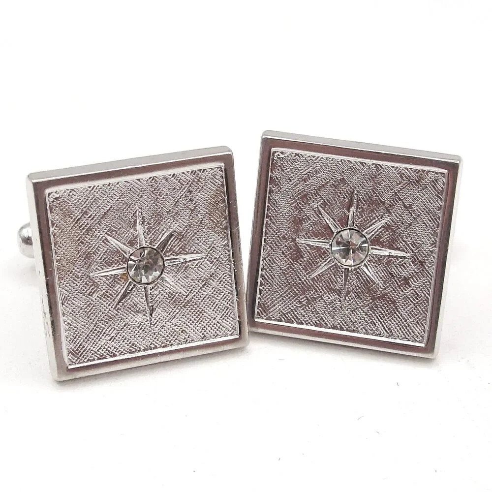 Vintage Anson Silver Tone Square Cufflinks Starburst Clear Rhinestone Atomic MCM